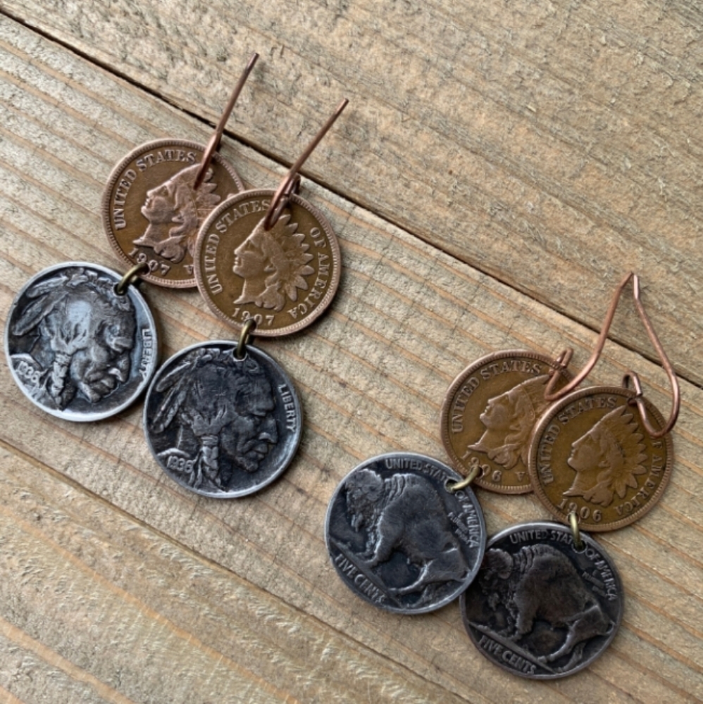 Handmade VINTAGE Real Indian Head Penny & Buffalo Nickel Drop Hook Earrings